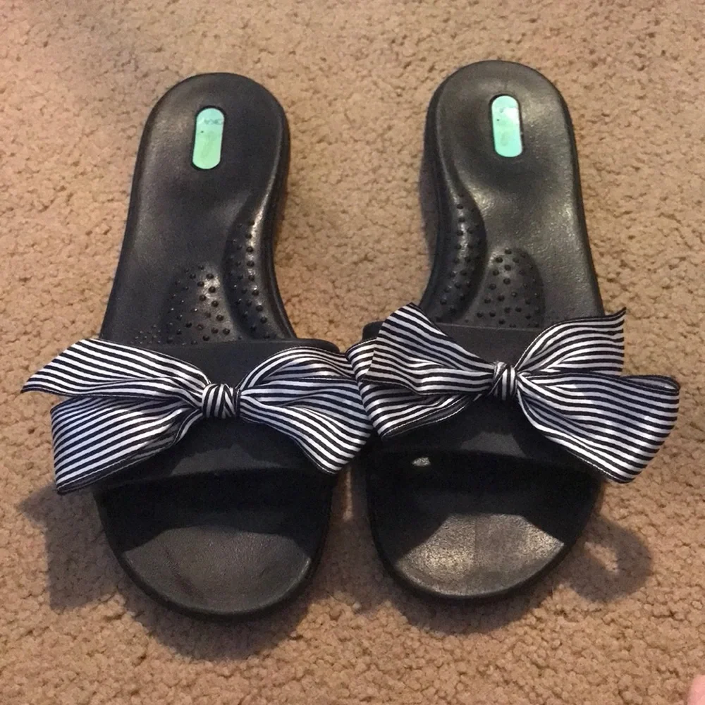 OKA B Madison Slide Sandals *Black Striped Ribbon Bows*